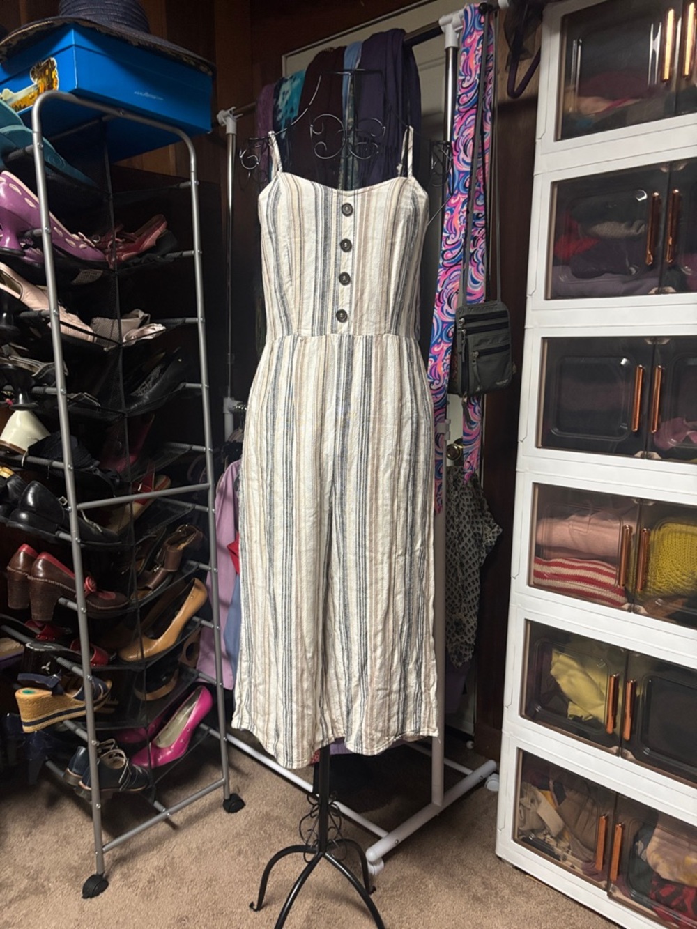 Striped Sleeveless Linen-Blend Jump suit in Cream and brown